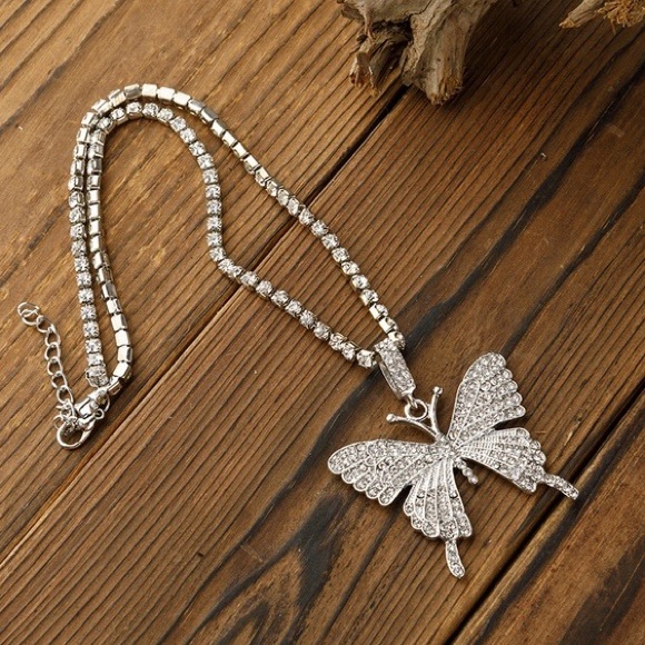 Silver Rhinestone Butterfly Necklace - Picture 3 of 3